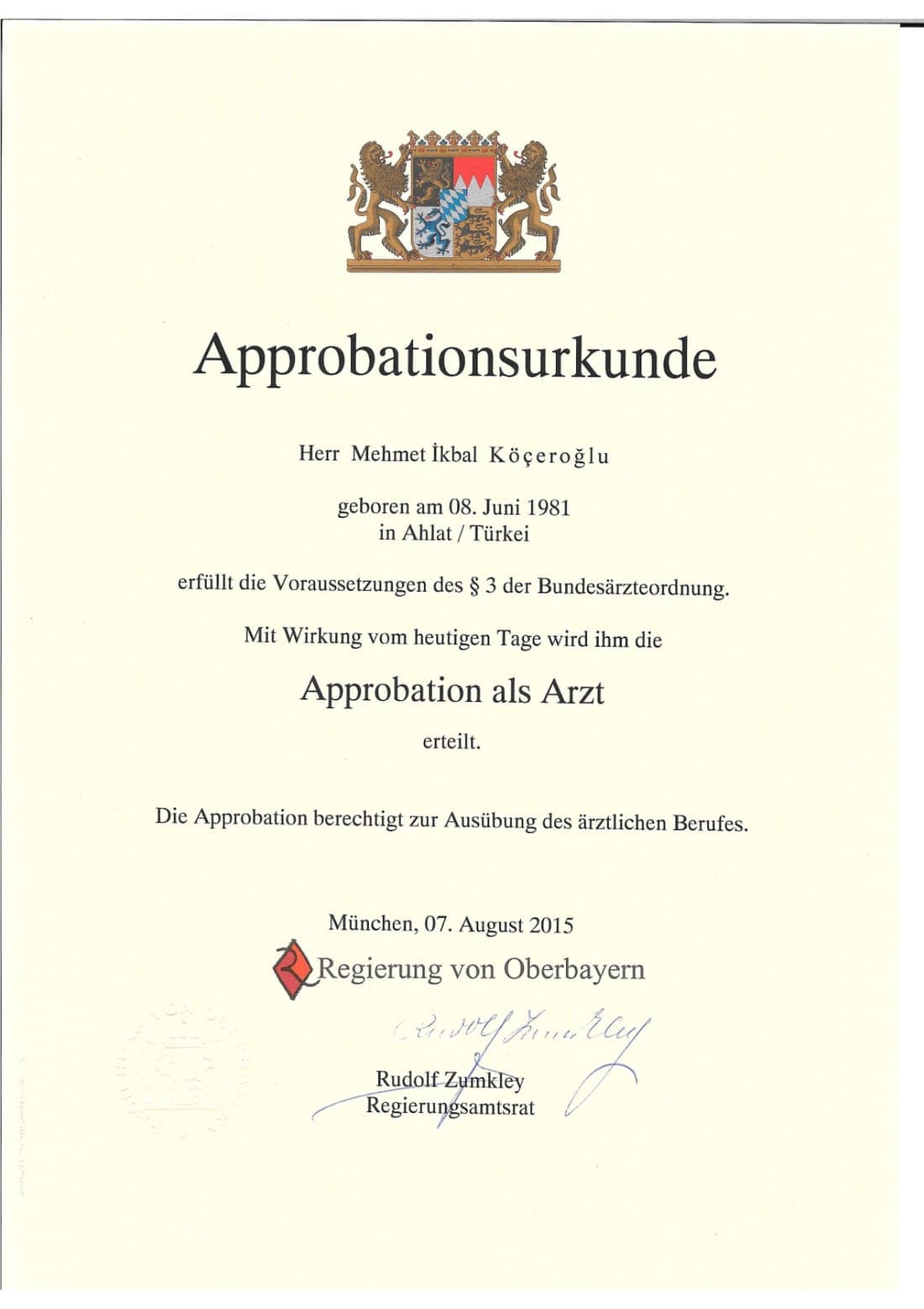 Approbation als Arzt – Regierung von Oberbayern (2015)