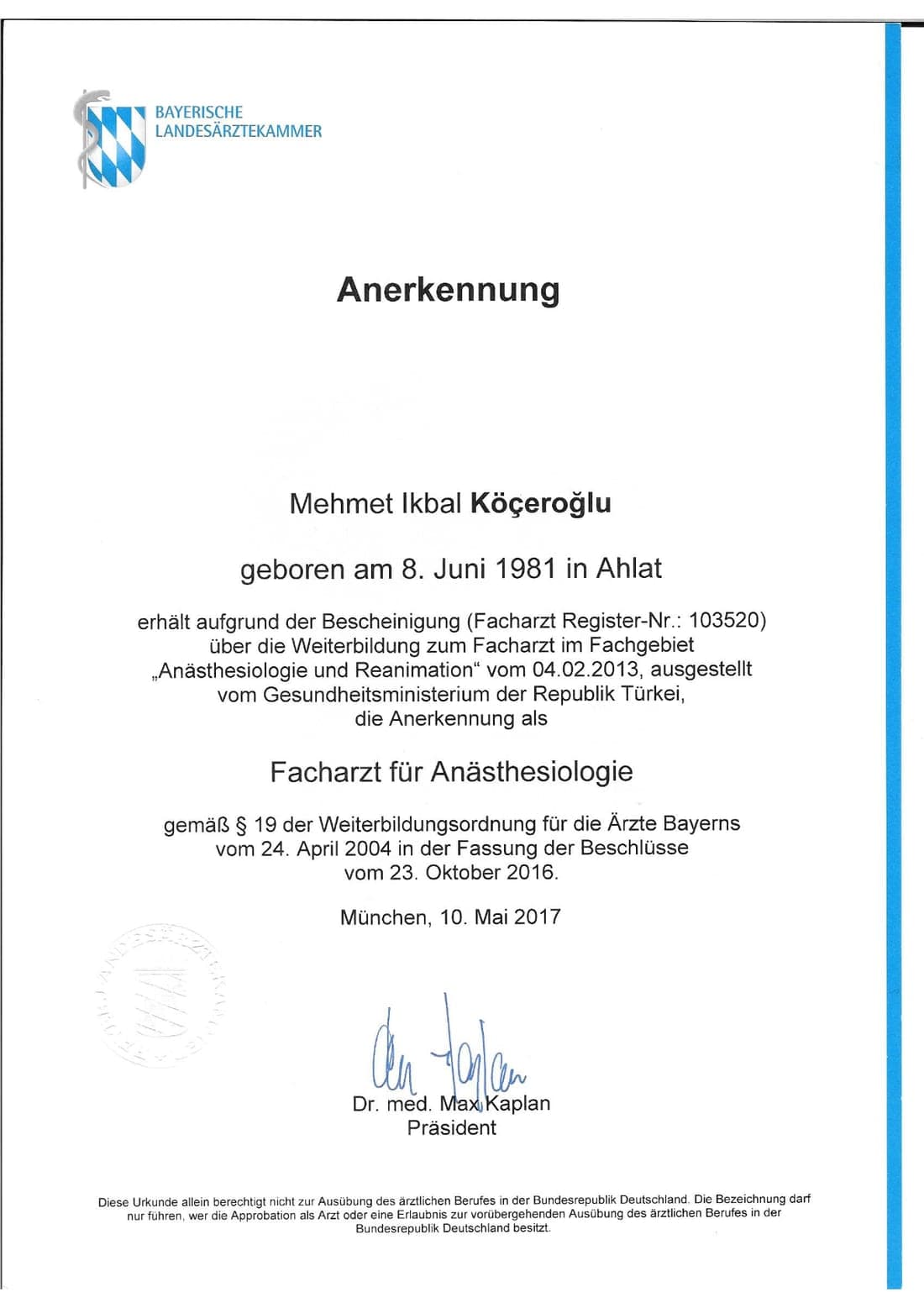 Facharzt-Anerkennung für Anästhesiologie – Bayerische Landesärztekammer (2017)